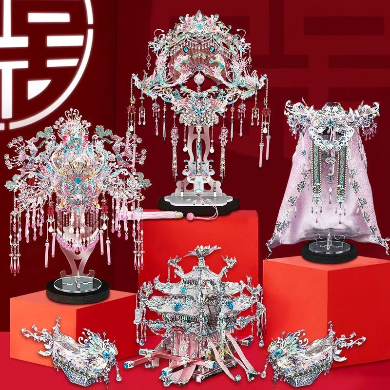 Steel Red Dress With Green Phoenix Crown And Fan 3D Metal Assembly Model Chinese Style Diy Wedding Gift For Women - Image 2